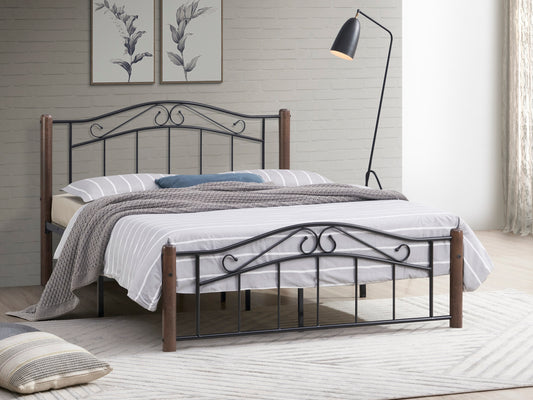 Black Steel Bed with Walnut Wood Posts