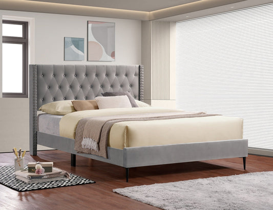 Diamond-Tufted Wingback Bed with Nailheads – Grey Velvet