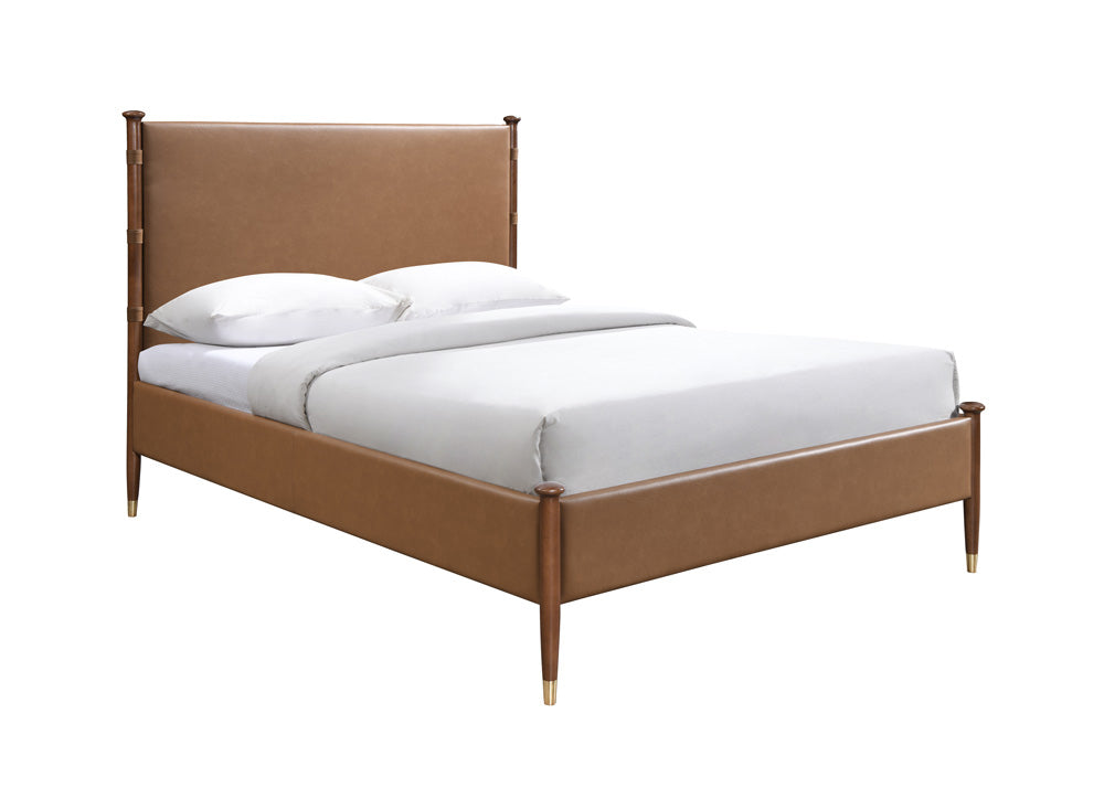 Cognac Faux Leather Bed with Solid Wood Posts