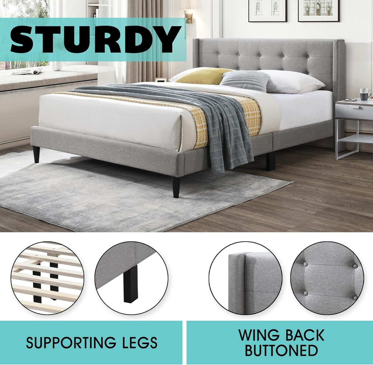 Button-Tufted Wingback Bed – Grey Fabric