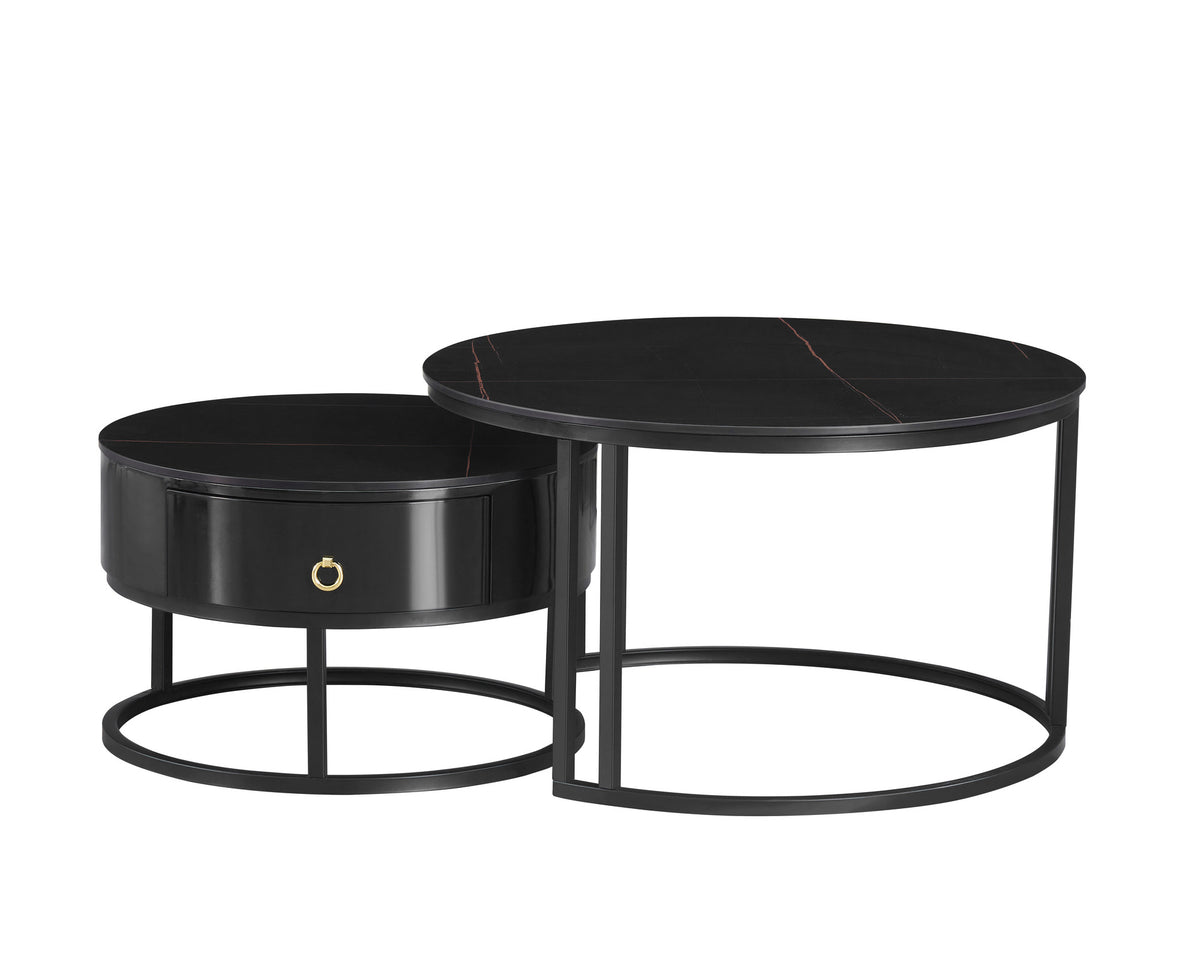 Round Stone Coffee Tables with Storage Drawer – Set of 2 – Midnight Black