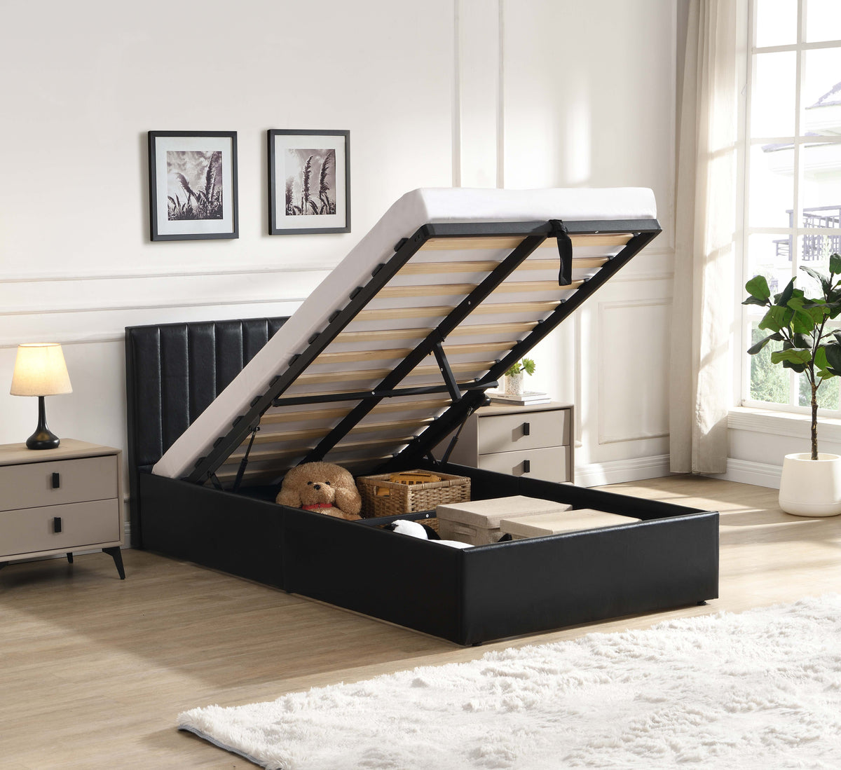 Hydraulic Lift Storage Bed – Black Faux Leather