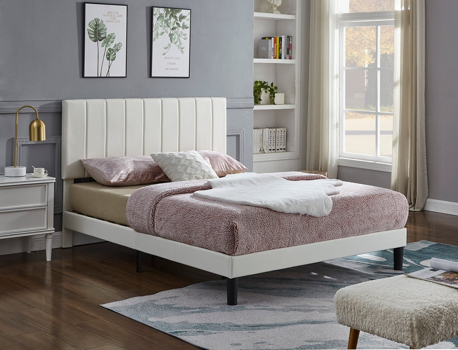 Vertical-Tufted Adjustable Headboard Bed – White Faux Leather