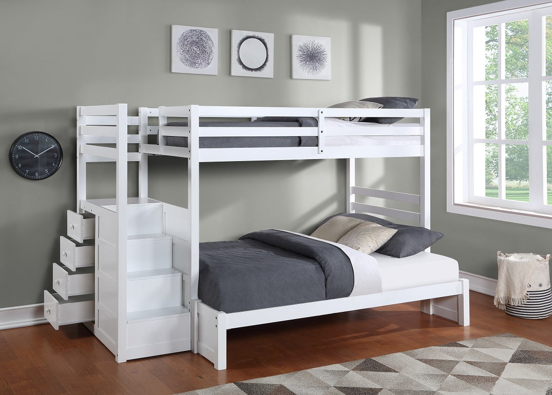 Staircase Bunk Bed with Storage Steps – White Single/Double