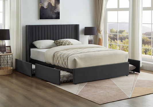 Stitched Velvet Wingback Bed with 4 Mesh Drawers – Grey