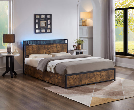 Smart Wood & Metal Storage Bed with LED & Charging