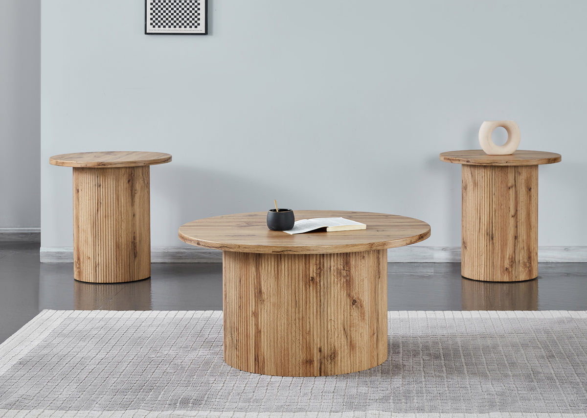 Round Fluted Pedestal Coffee Table Set – Natural