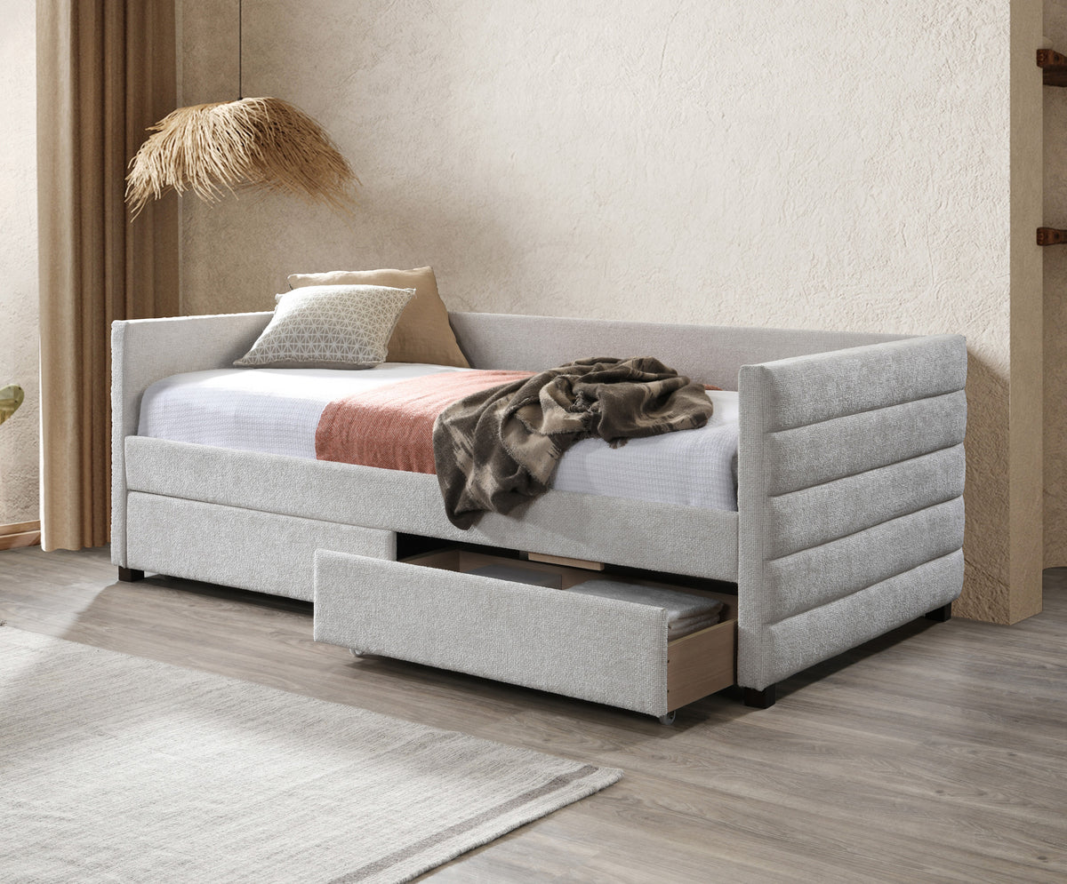 Upholstered Daybed with 2 Storage Drawers – Light Grey
