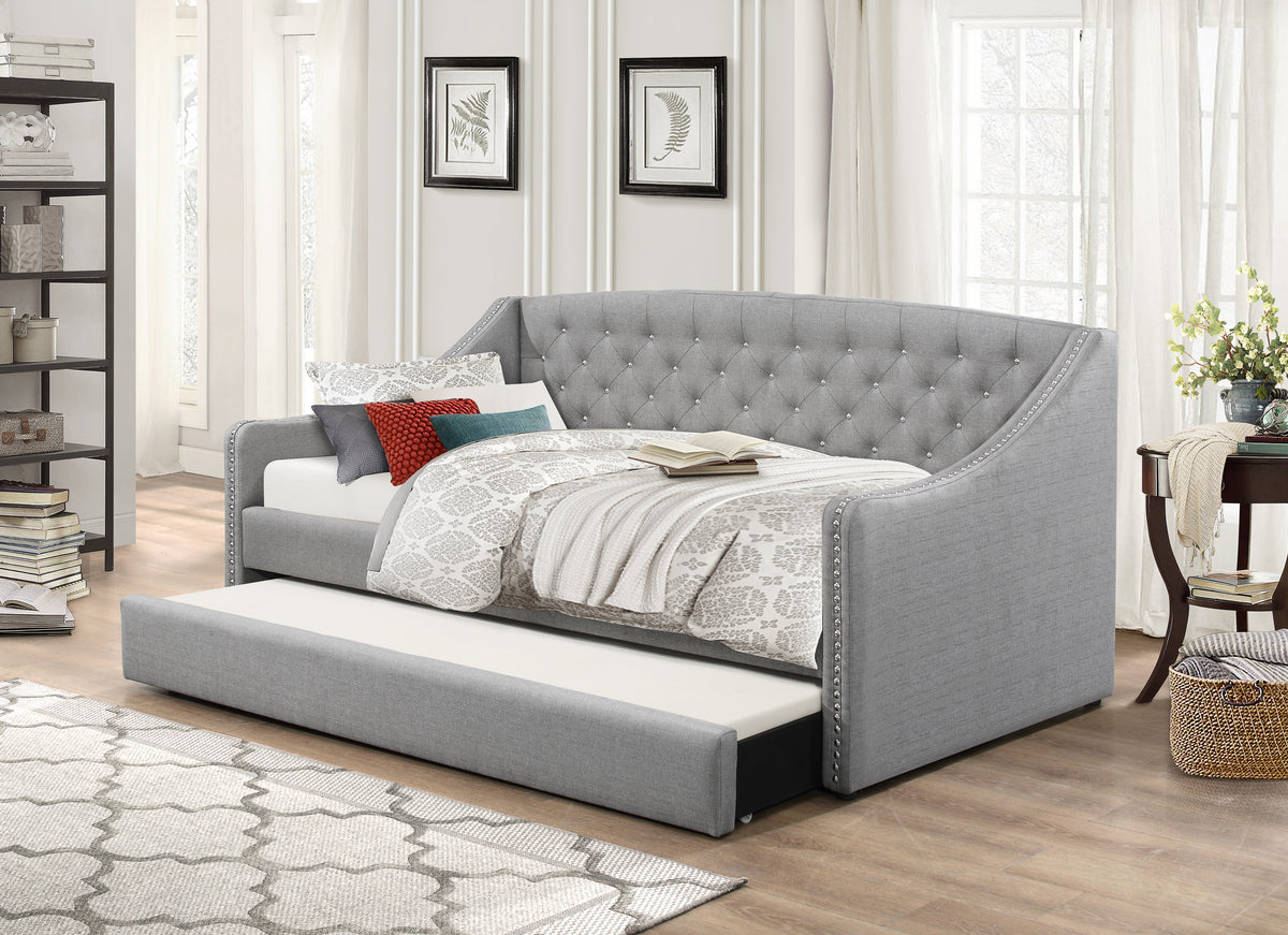 Nailhead Daybed with Pull-Out Trundle – Grey Fabric