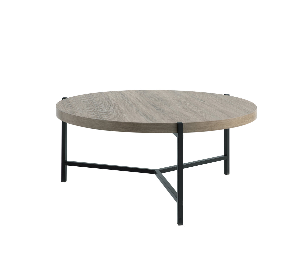 Round Grey Wood-Look Coffee Table – Open Metal Frame