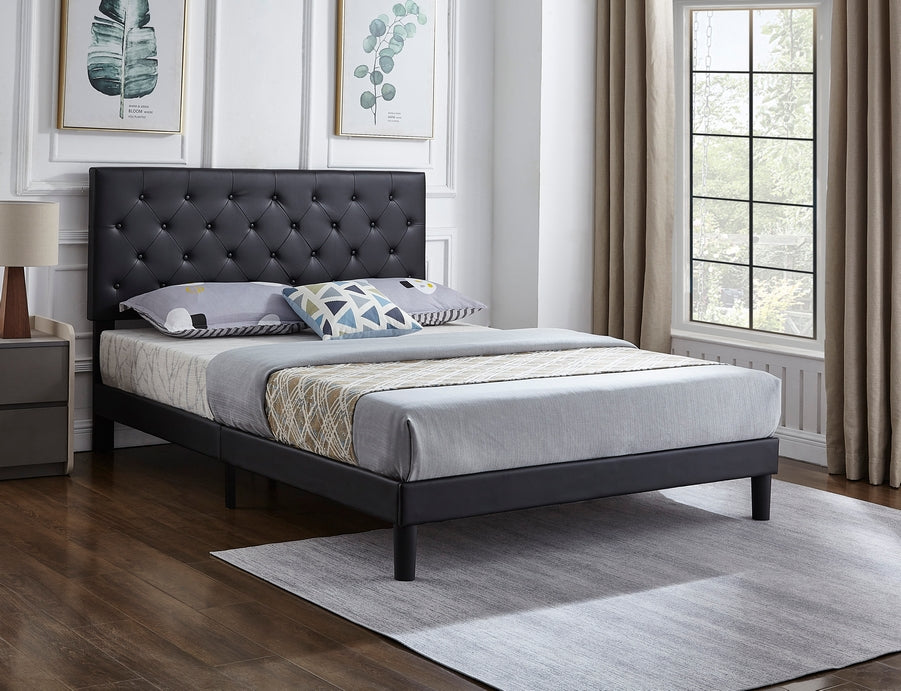 Button-Tufted Adjustable Headboard Bed – Black Faux Leather