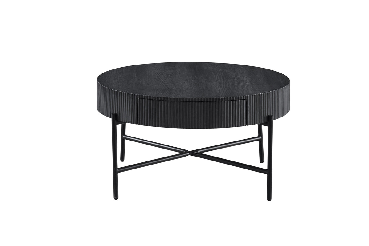 Round Coffee Table with Hidden Drawer – 32" – Black Ribbed