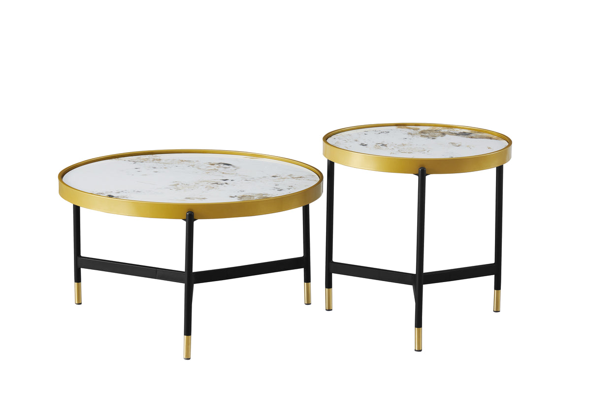 Pandora Stone Round Coffee Tables – Set of 2, Black and Gold