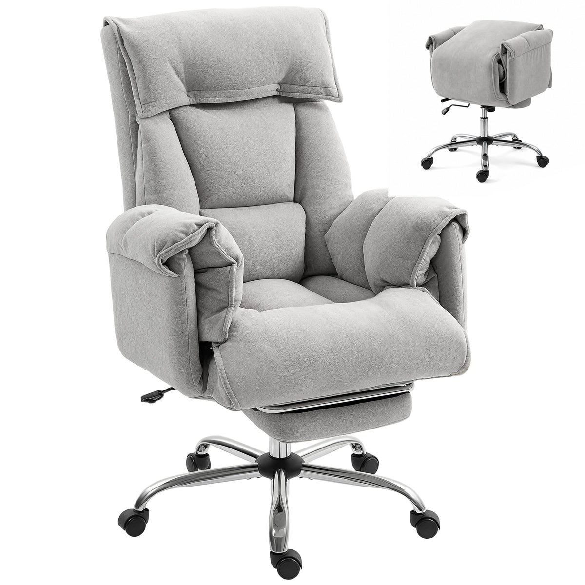 High Back Office Chair, Reclining Desk Chair with Footrest, Swivel Base, Light Grey
