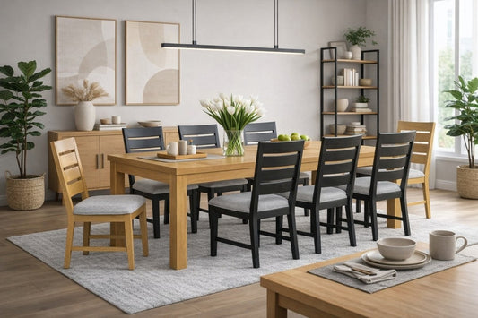 Upholstered Extendable 9-Piece Dining Set – Oak/Black