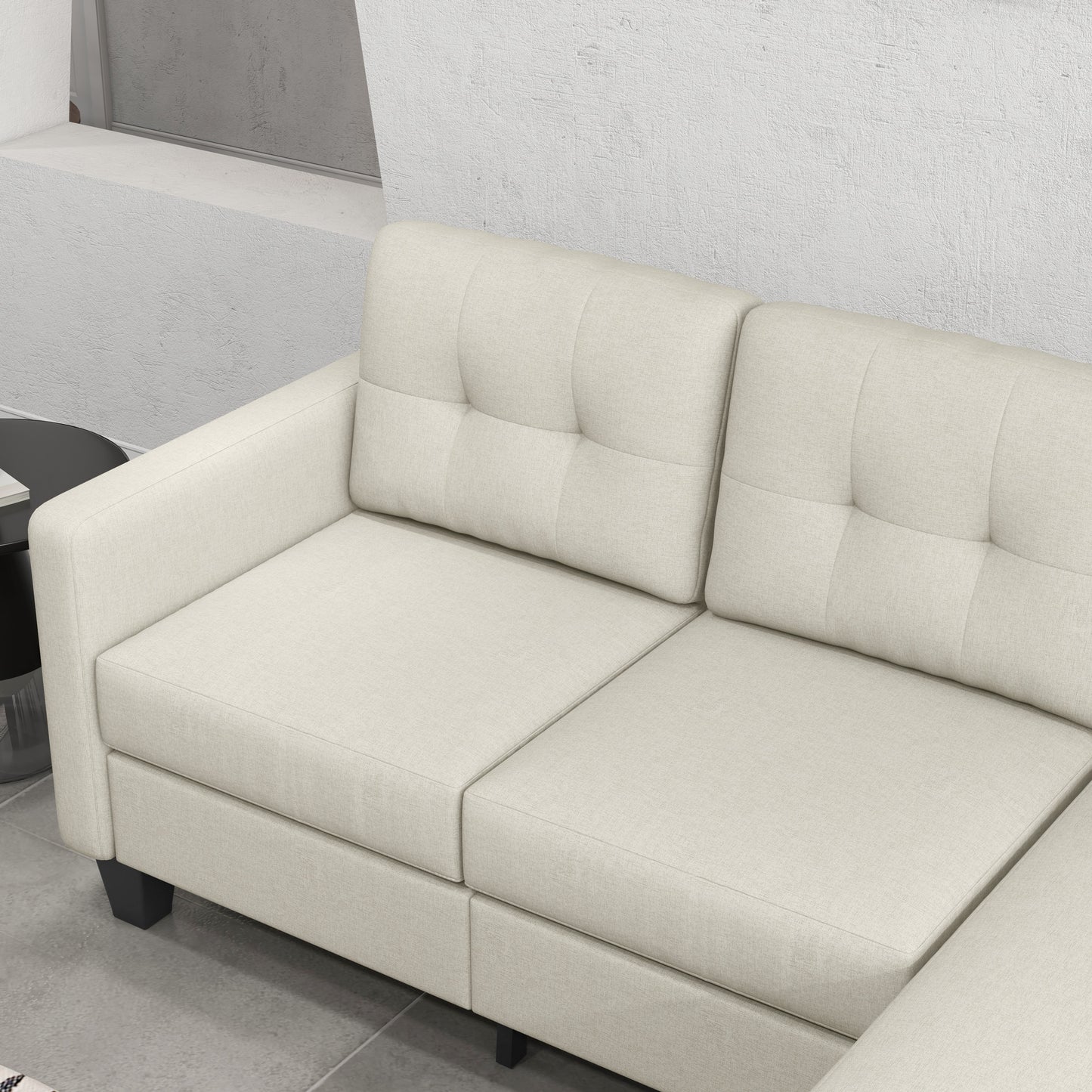 HOMCOM L-Shaped 3-Seater Sectional Sofa with Ottoman, Beige, Sturdy Wood Legs