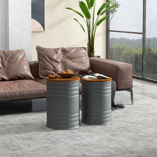 HOMCOM Round Nesting Side Tables, 2-Piece, Wood Lid, Hidden Storage