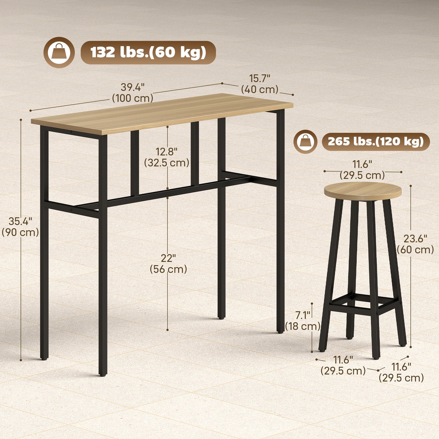 HOMCOM 6-Piece Bar Table Set Industrial Grey-Brown