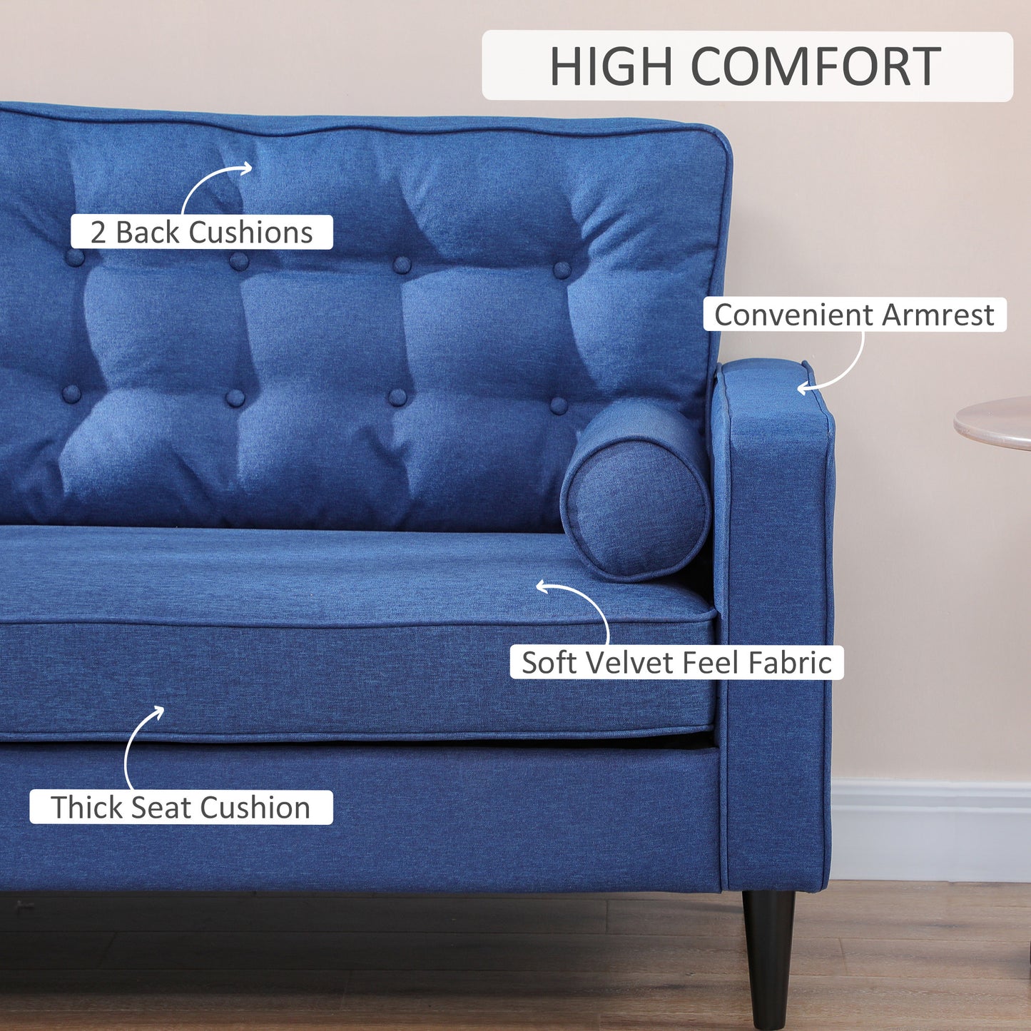 HOMCOM Mid-Century Velvet Fabric Small Sofa Couch, Button-Tufted Back, Wood Legs
