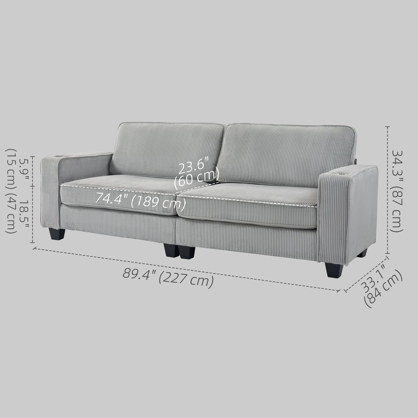 HOMCOM Light Grey 3-Seater Fabric Sofa: Spring Cushions, Cup Holders