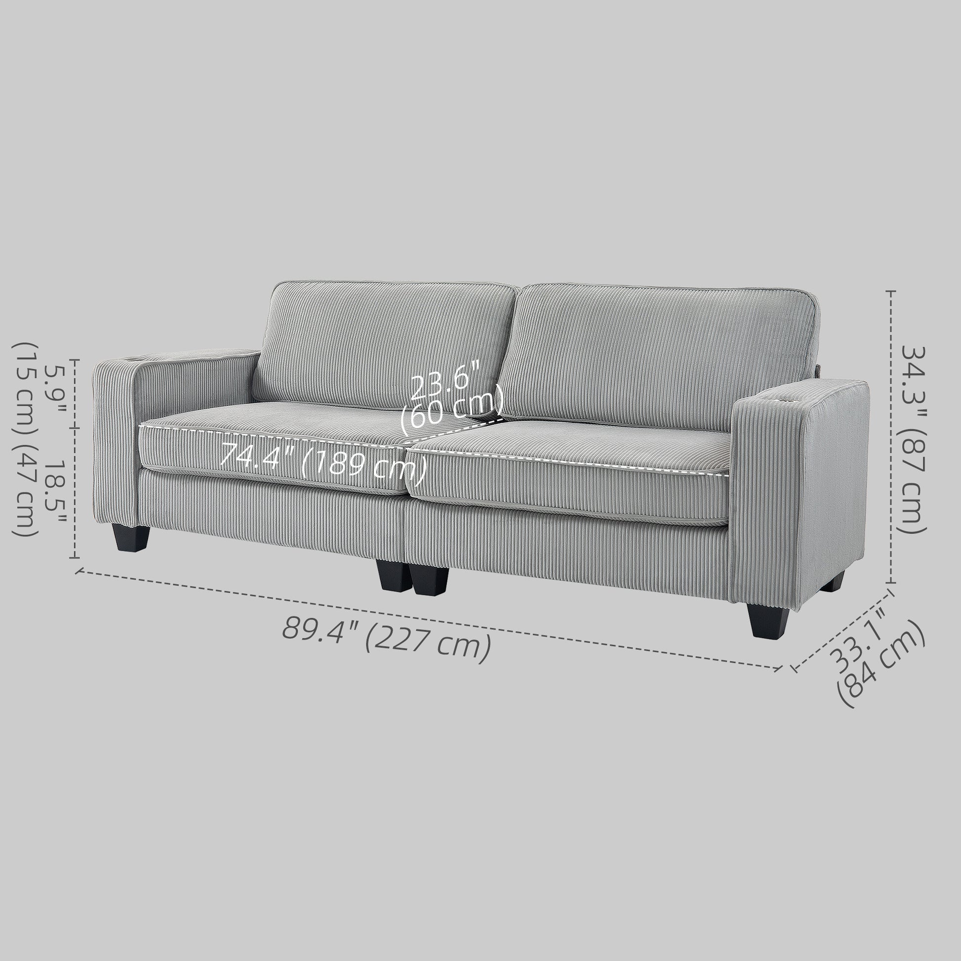 HOMCOM Light Grey 3-Seater Fabric Sofa: Spring Cushions, Cup Holders