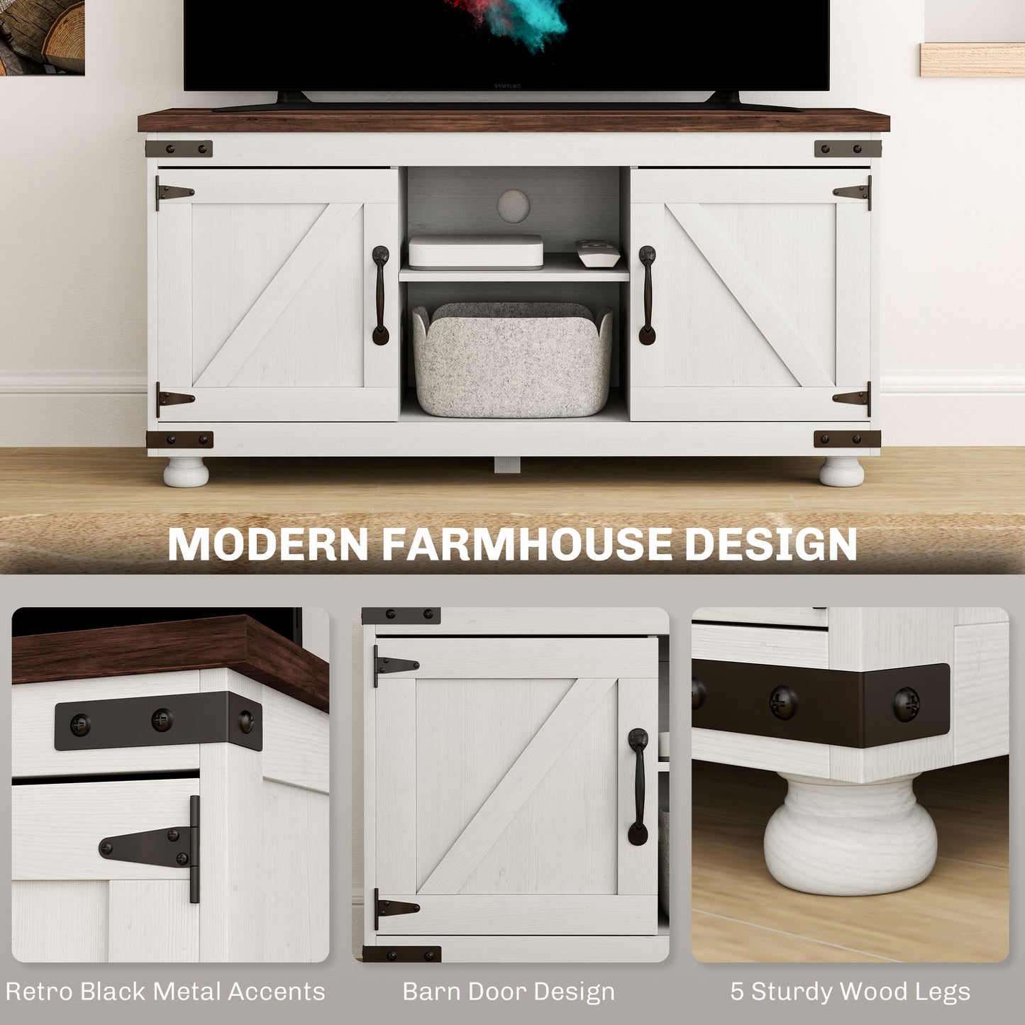Modern Farmhouse 50-inch TV Stand with Barn Doors, Cable Management, Distressed White