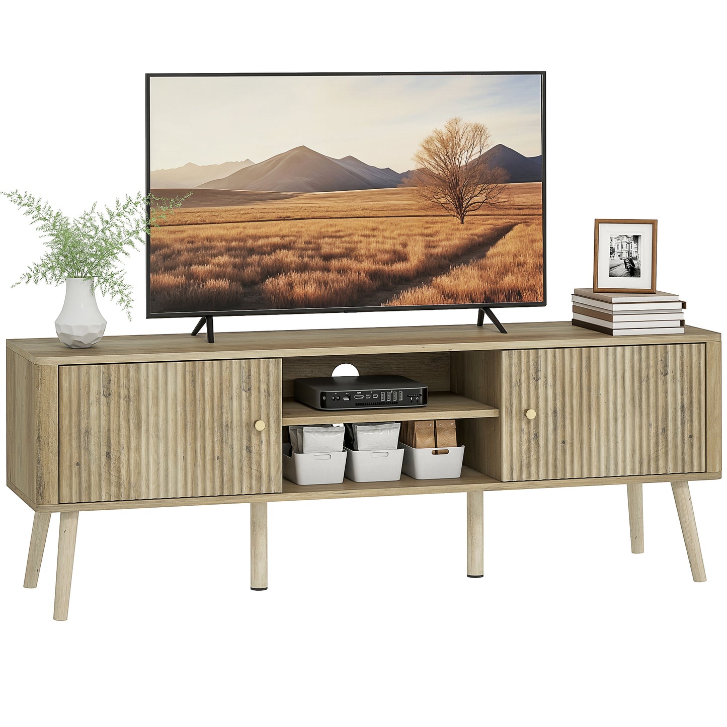 HOMCOM Modern Oak TV Stand for 65-inch TVs, Adjustable Shelves, Pine Wood Legs