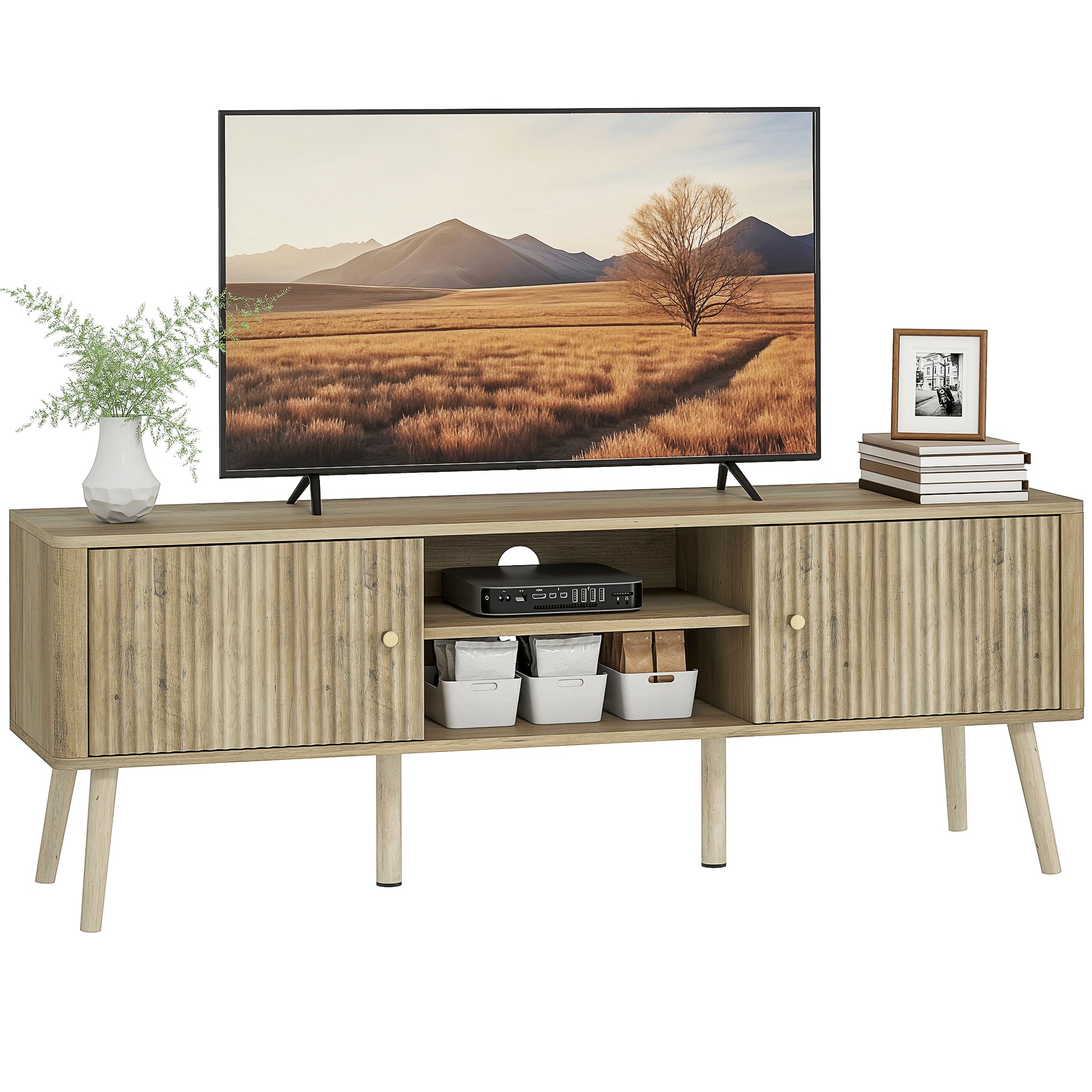 HOMCOM Modern Oak TV Stand for 65-inch TVs, Adjustable Shelves, Pine Wood Legs