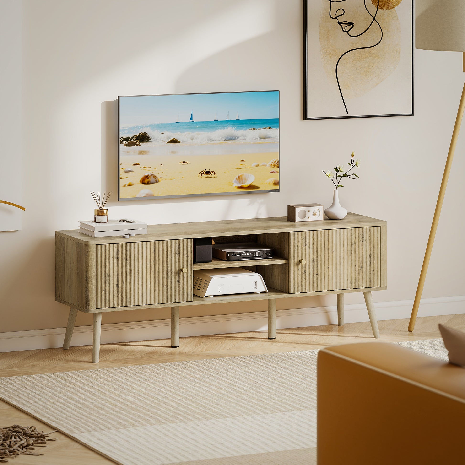 HOMCOM Modern Oak TV Stand for 65-inch TVs, Adjustable Shelves, Pine Wood Legs
