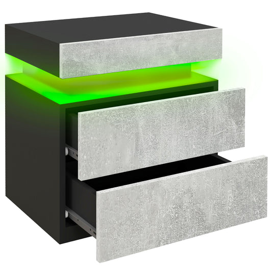 Modern High Gloss Nightstand Bedside Table with LED Lights, 2 Drawers, Grey