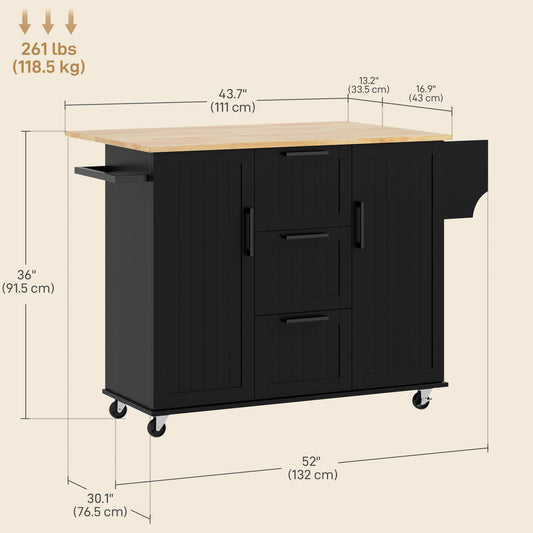 Rolling Kitchen Cart on Wheels with Drop Leaf – 52"W x 36"H