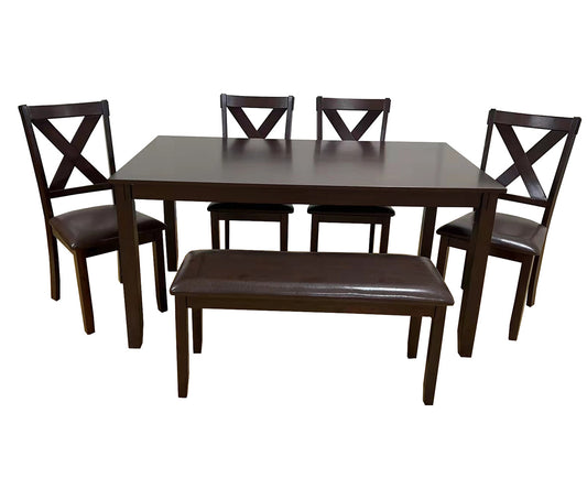 Scilla 6-Piece Dining Set – Espresso Solid Wood with Bench