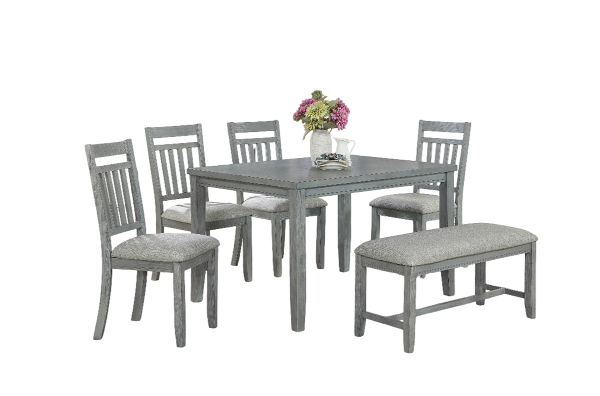 Luke 6-Piece Dining Set – Grey Solid Wood with Bench