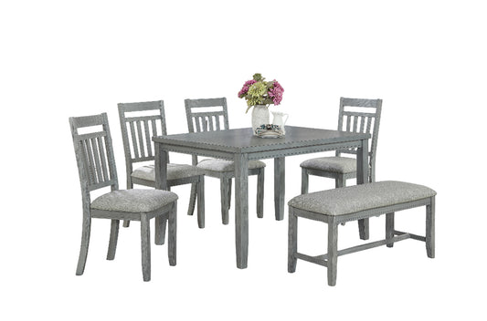 Luke 6-Piece Dining Set – Grey Solid Wood with Bench