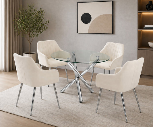 Lilith 5-Piece Dining Set – 39" Round Glass Table, Beige Fabric Chairs