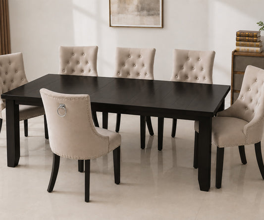 Pansy 5-Piece Dining Set – 64–82" Extension Table, Grey Fabric Chairs