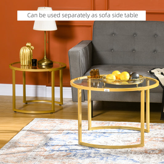 HOMCOM Modern Round Nesting Coffee Table Set - Tempered Glass & Gold Steel Frame