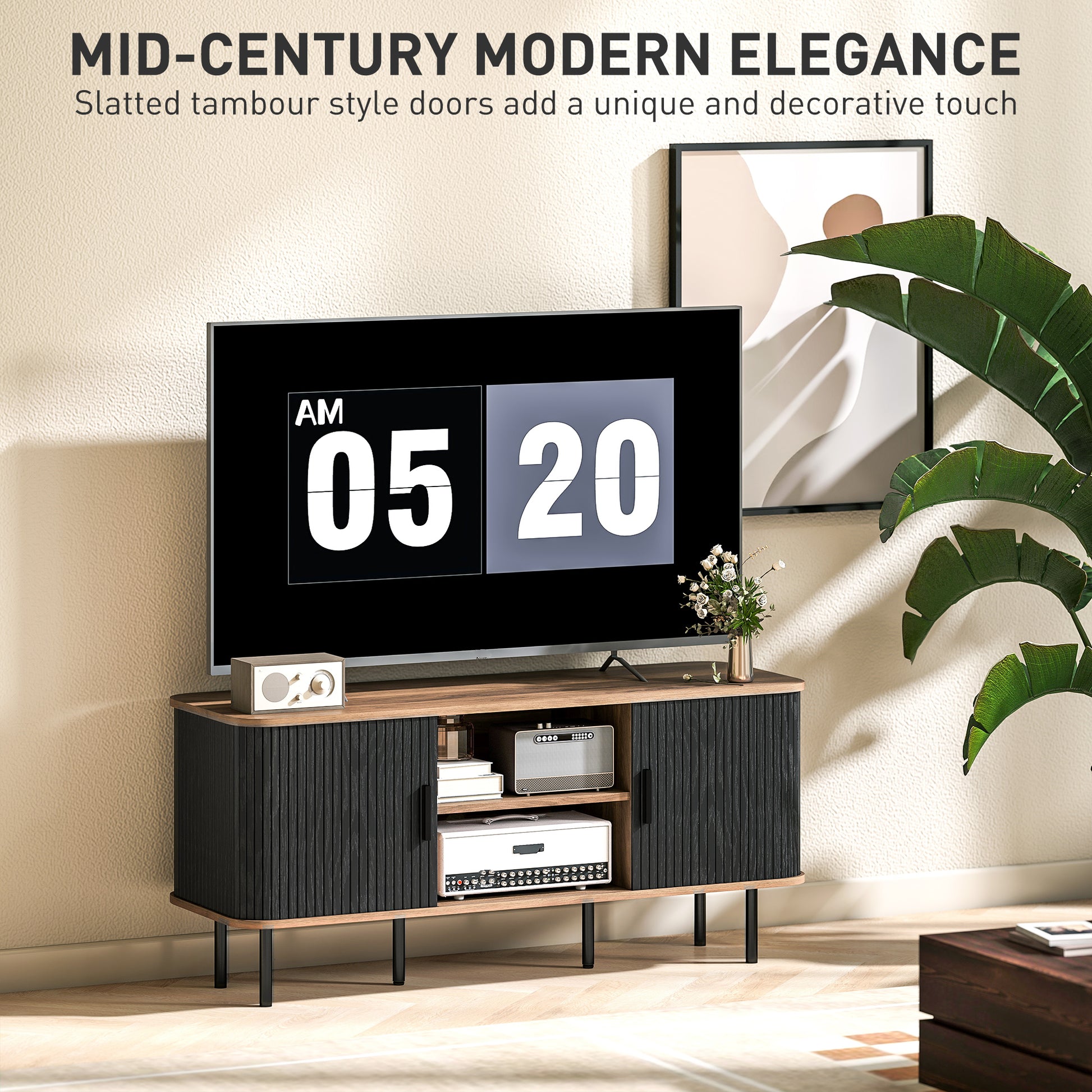 HOMCOM Modern Black TV Stand for 55-Inch TVs, Storage Shelves, Slatted Doors
