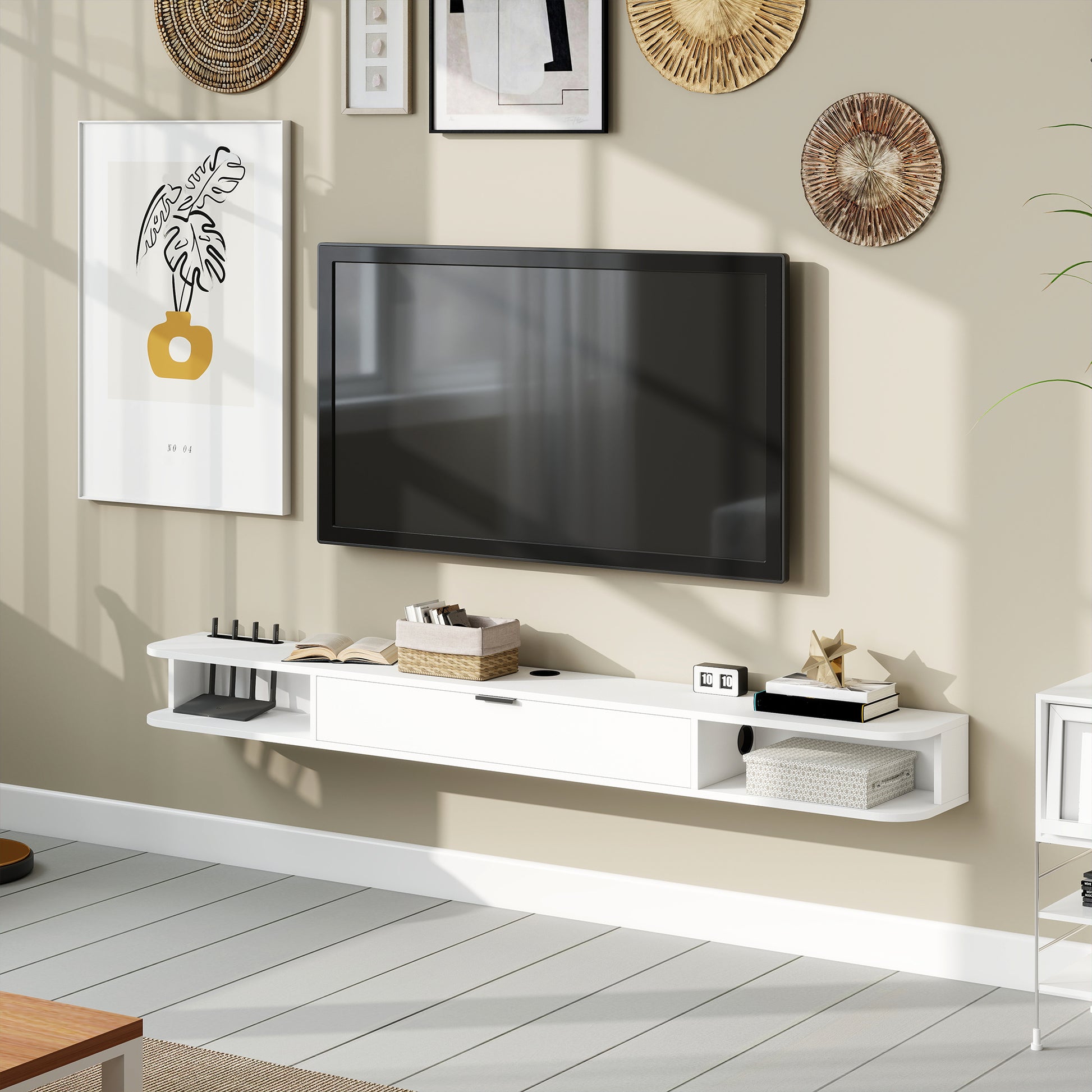HOMCOM 71-inch Floating TV Stand Wall Mounted Media Console with Flip Drawer, 2 Open Shelves, White Wood Grain