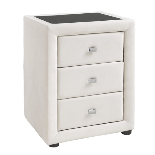 Black Velvet Night Stand with Smoked Glass Top and Three Storage Drawers