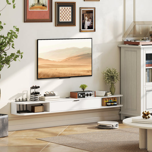 HOMCOM 71-inch Floating TV Stand Wall Mounted Media Console with Flip Drawer, 2 Open Shelves, White Wood Grain