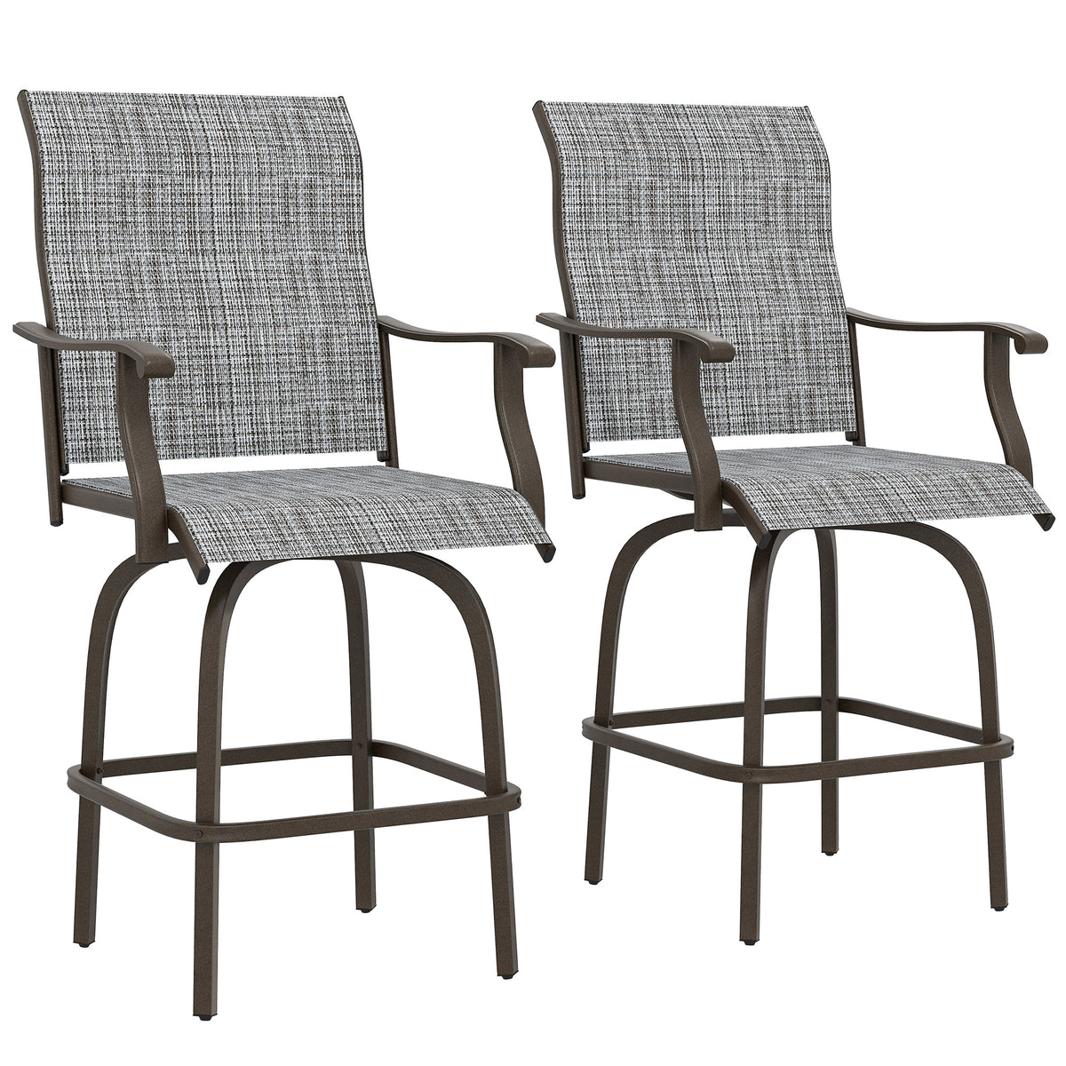 Outdoor Bar Stools Set of 2, Swivel Bar Height Chairs with High Back, Curved Armrests and Steel Frame