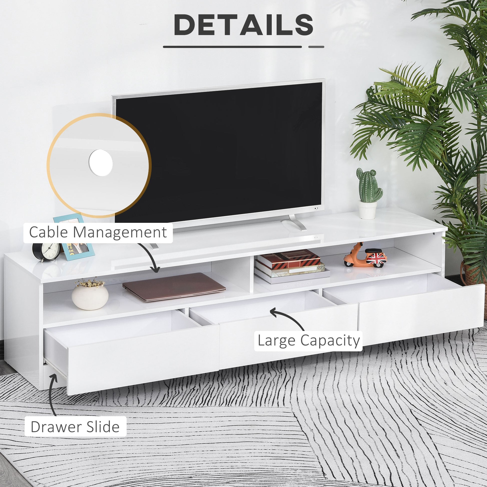 Modern 71-inch High Gloss White LED TV Stand Entertainment Storage Cabinet with Drawers