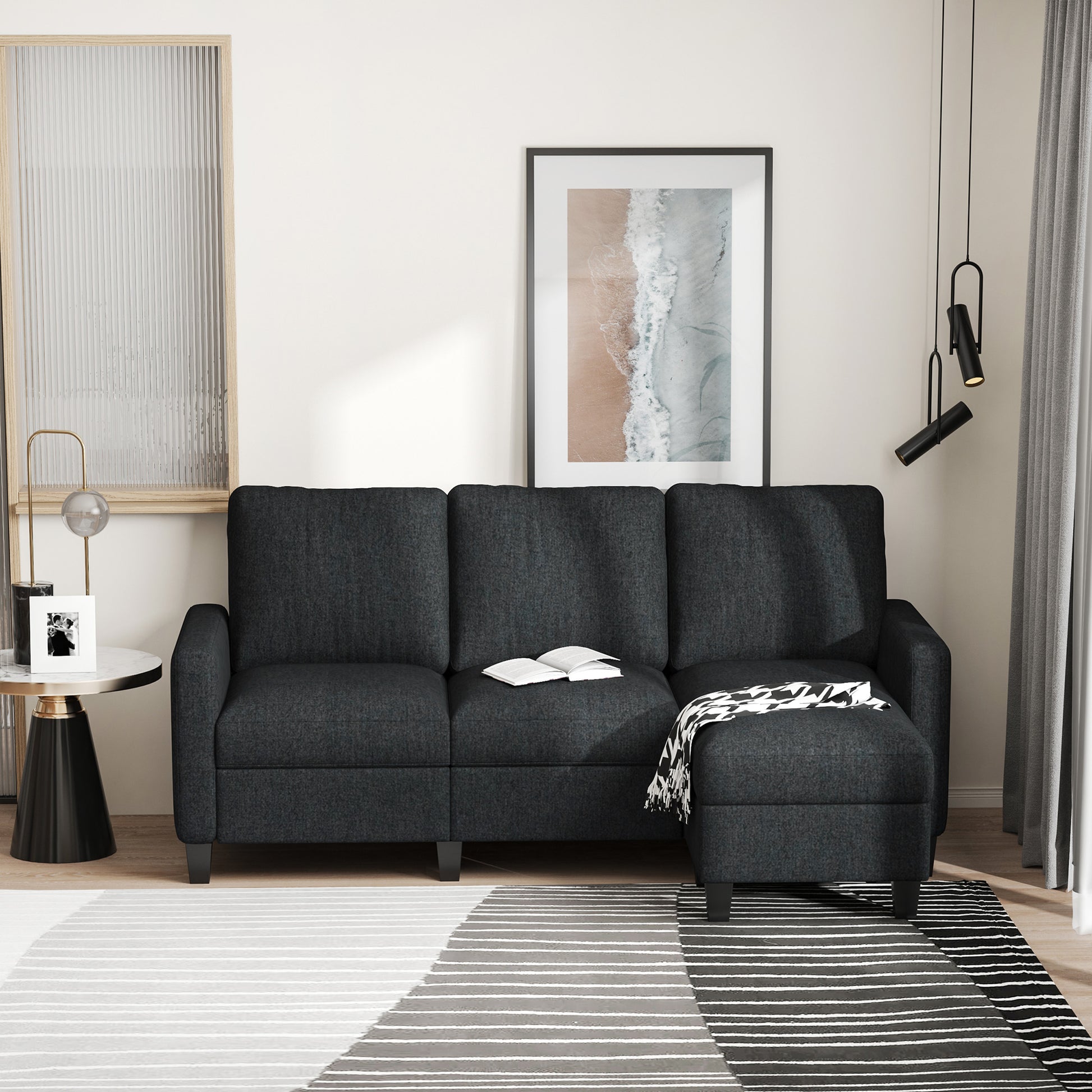 HOMCOM Modern L-Shape Sectional Sofa, Reversible Chaise, Dark Grey Fabric