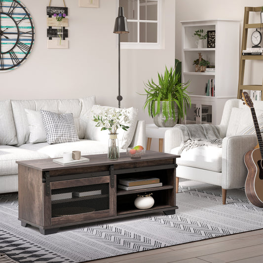 HOMCOM Farmhouse Industrial Coffee Table with Sliding Barn Door, Adjustable Shelf, Dark Brown