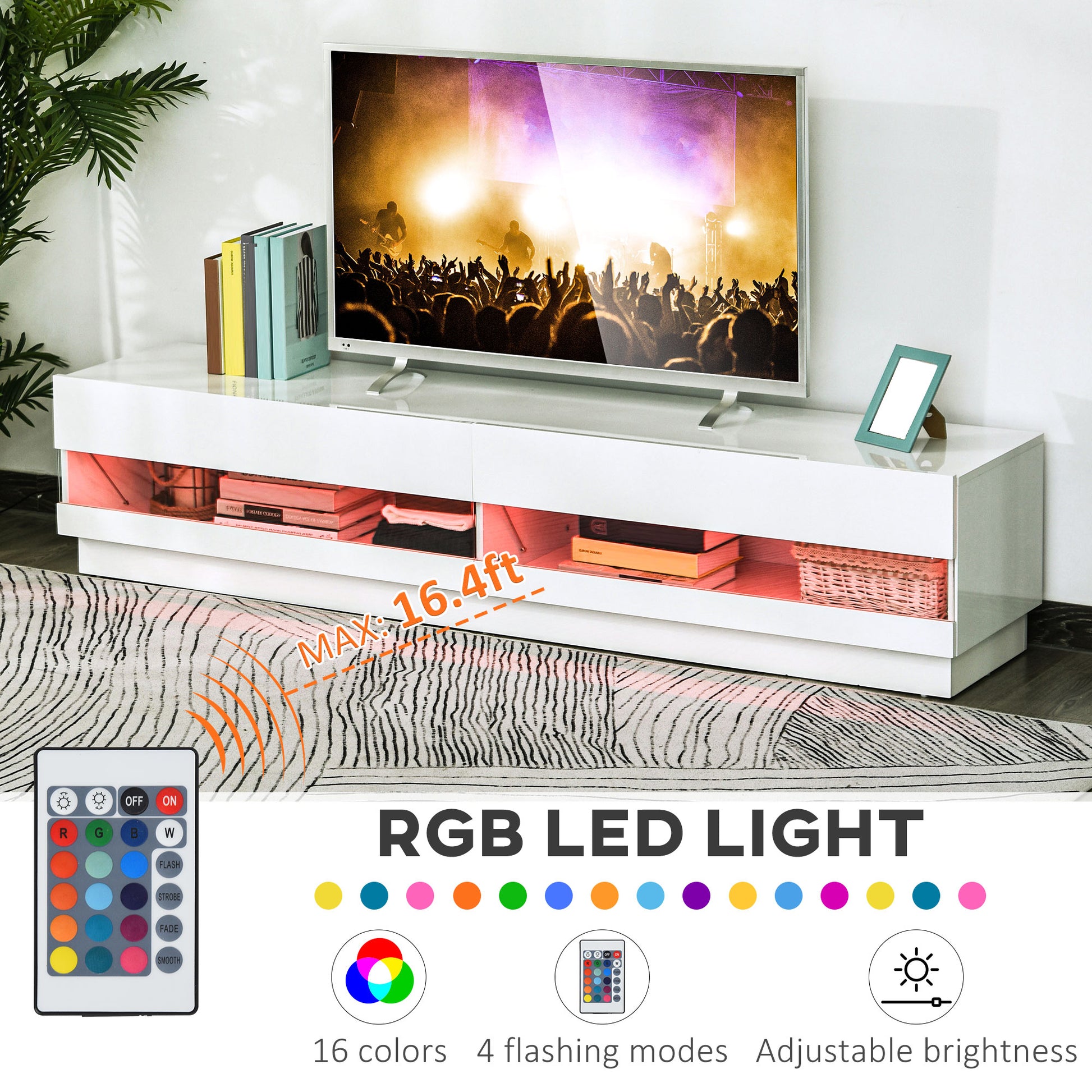 HOMCOM 75-inch High Gloss White LED TV Stand Entertainment Center with Storage