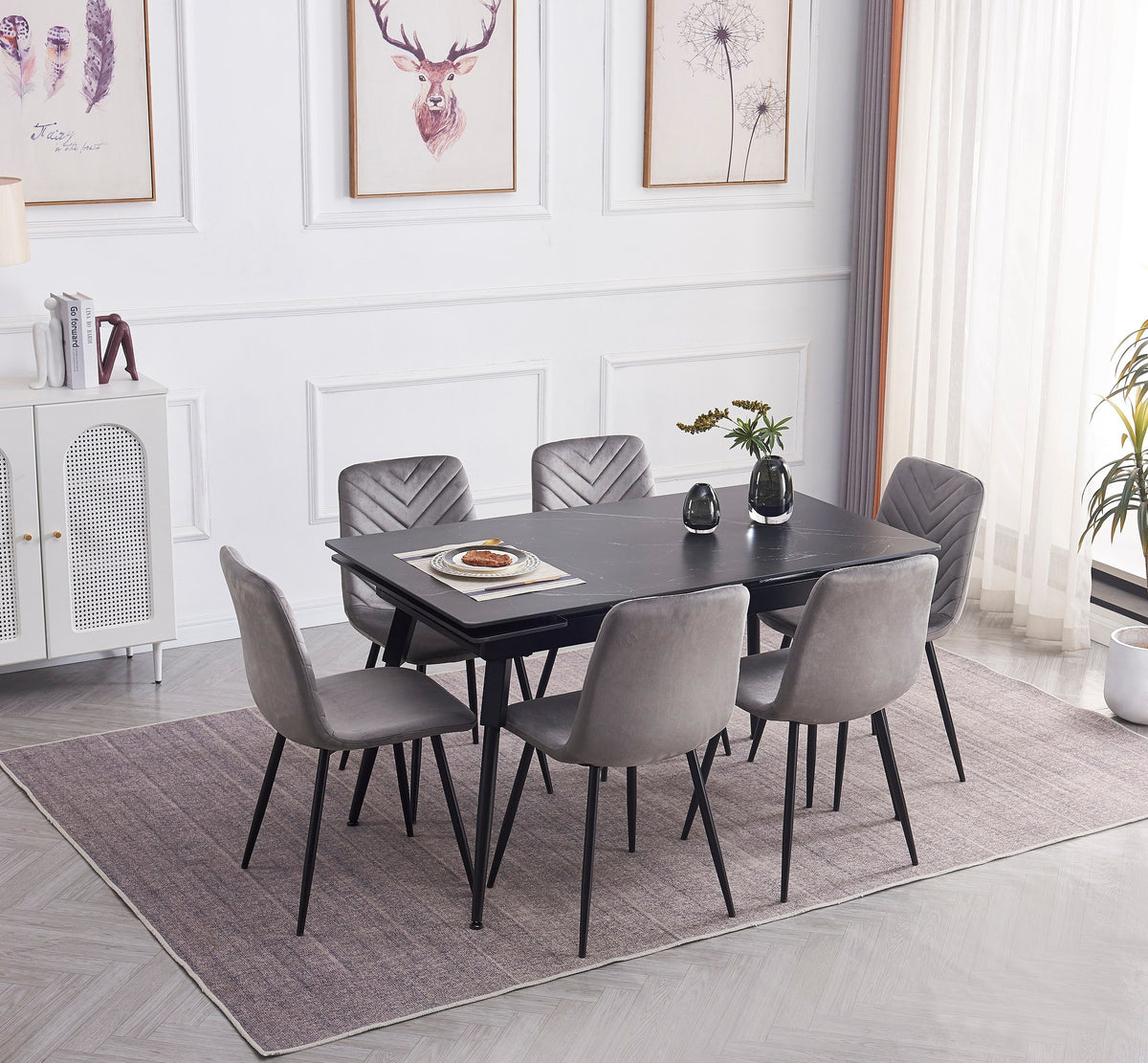 Extendable Sintered Stone Dining Set with Grey Velvet Chairs