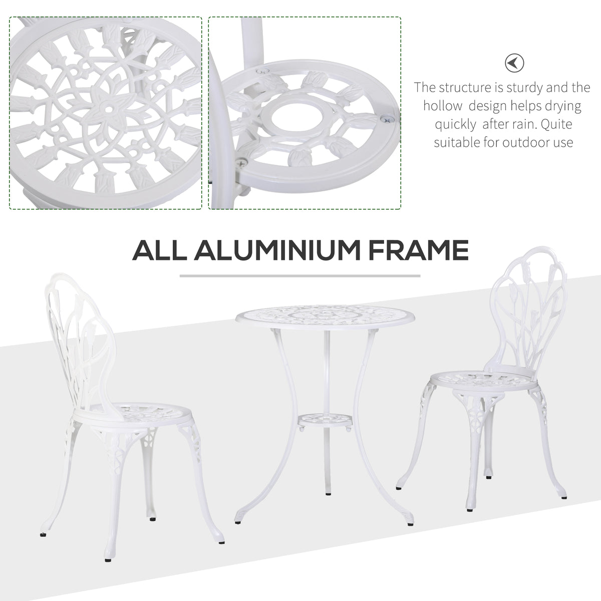 3PCs Patio Bistro Set, Outdoor Cast Aluminum Garden Table and Chairs with Umbrella Hole for Balcony, Bronze – White