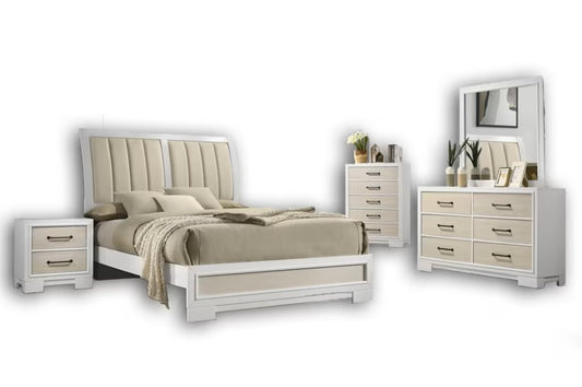 Flora Queen 8-Piece White Bedroom Set with Upholstered Headboard and Storage