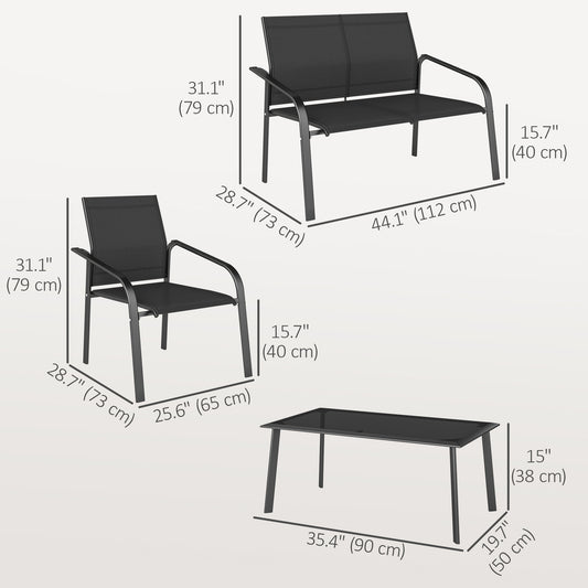 4 Piece Patio Furniture Set, Outdoor Conversation Set with Deep Seat, Loveseats, Armchairs, Glass-Top Table